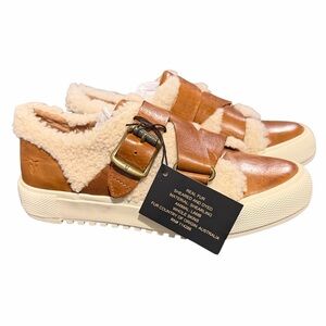 Frye Gia Moto Lowe Sneakers Cognac Lamb Skins Shearling Buckles Dust Bag NIB 6.5